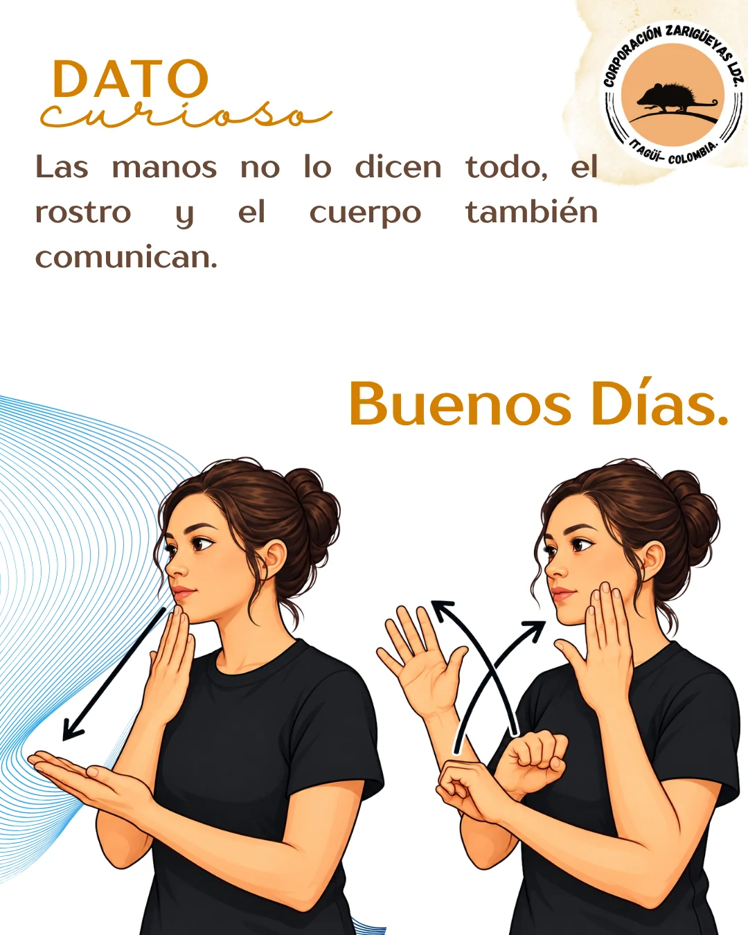 Pieza gráfica con saludo en lengua de señas